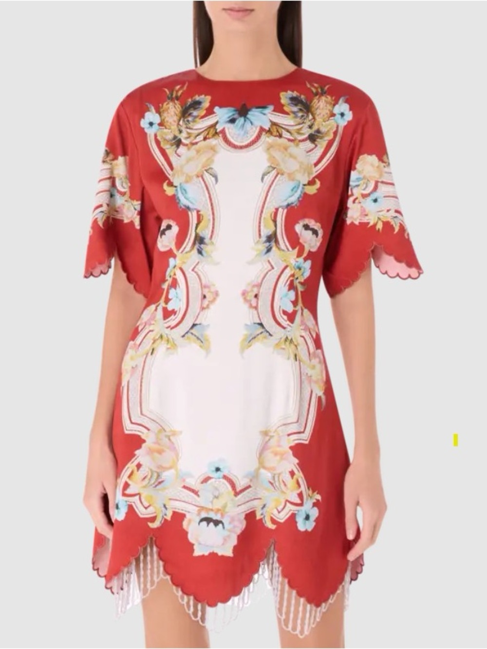 Antipodean Pollination Red Baroque Floral Scarf Print Tassel Hem Mini Dress NWT